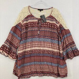 New Fred David size 3X‎ Multi Geometric Artsy Lace Detail Tie Front Boho Blouse
